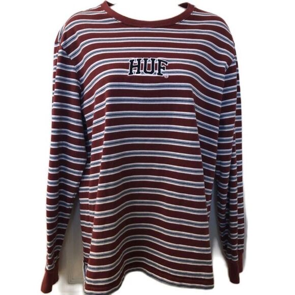 Huf Women's Striped Knit Long Sleeve Shirt Medium Maroon White Embroidered Logo - Picture 1 of 10